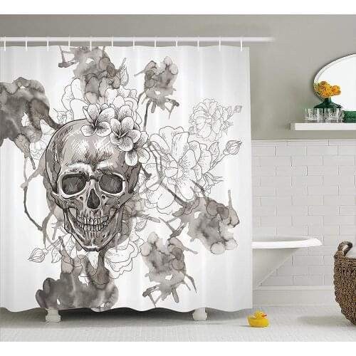 Day of The Dead Decor Shower Curtain Painting Skull Flowers Dia de Los Muertos Festive Decor Print Fabric Bathroom Decor