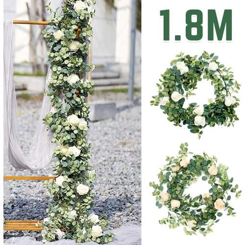 Artificial White Rose Eucalyptus Vine Garland Hanging Rattan Vertical Garden Champagne Fake Plants Wedding Backdrop Wall Decor