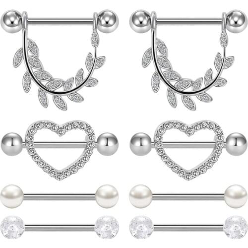 4 Pairs Nipple Rings Tongue Ring Piercing Body Jewelry Barbell Cubic Zirconia Leaf Heart Shape Rings for Women Girls