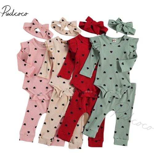 New Born Baby Ribbed Clohtes Suit Girl Boy Heart Print Crew Neck Lace Long Sleeve Top, Long Pants and Hairband 3-piece Suits