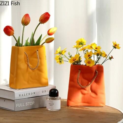 Creative Ceramic Tote Bag Vase Morandi Color Flower Arrangement Container Office Bedroom Flower Vase Porcelain Home Decoration