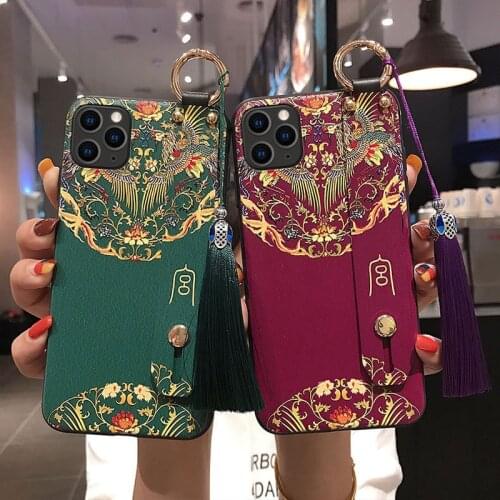 Beautiful Pattern 3D Emboss Phone Case for iPhone X XS XR 11 12 Pro Max Soft Back Cover for iPhone 6 7 8Plus Wrist Strap Tassel