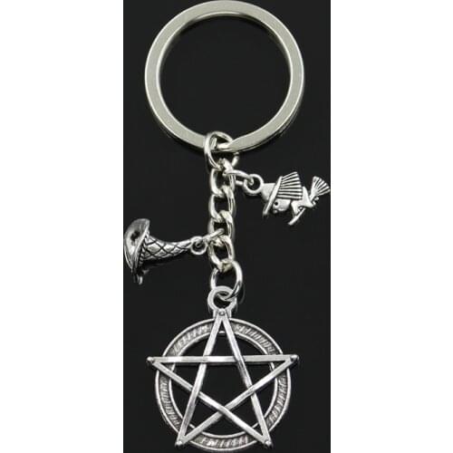 Fashion 30mm Key Chain Keychain Jewelry Silver Color Witch Magician Star Pentagram Magic Hat Pendant