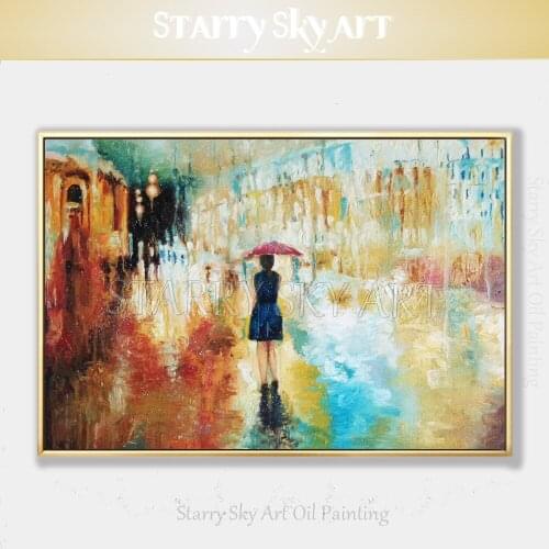 Gifted Artist Hand-painted High Quality Impressionist Landscape Lady with Red Umbrella Oil Painting Rainy Day in Street Painting