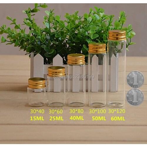 50pcs D30mm Clear Empty Glass Bottle Test Tube With Gold Aluminum Cap Liquid Powder Capsule Lab Supply Sealing Packaging Bottles