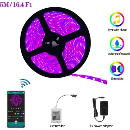 5M(16.4ft) RGB Strip Light 30LEDs/M Waterproof kit App control Sync with music 16 million colors LED light strip for home lighti