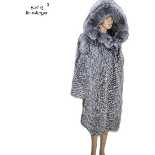 Linhaoshengyue fashion fur coat real fur fox women coat with hood freeshipping,Natural silver fox