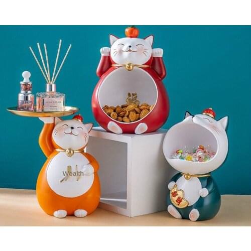 Nordic Modern Resin Lucky Cat Figurine Decoration Home Porch Key Living Room Candy Sundry Storage Box Table Ornaments Figurines