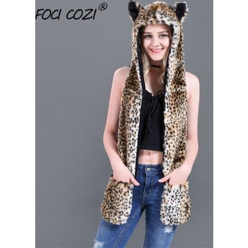 2019 trending winter accessories mittens hat and scarf for women Leopard Faux Fur Hood Animal Hat Ear Flaps Hand Pockets 3 in1