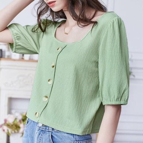 Vaiaye French Style Commuter Womens Summer 2021 New Solid Color Five-Quarter Sleeve Top With Loose Square Collar