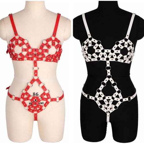 Goth Sexy Leather Harness Cage Bra Waistband Adjustable Punk Body Bondage Set Suspender Women Bdsm Erotic Lingerie Fetish Toys