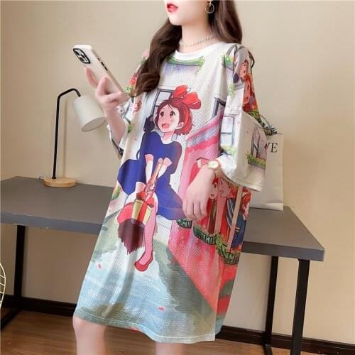#0693 Cartoon Girls Long T Shirt Women Loose O Neck Harajuku Streetwear T-shirt Harajuku Mesh T Shirt Ladies Summer