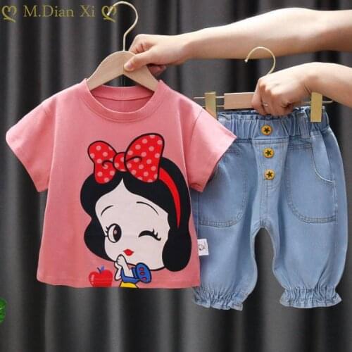2 Pieces of Girls Clothing Summer Snow White Short-sleeved Trousers Cartoon Boys and Girls T-shirt Casual Pants Jeans