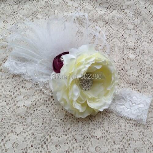 Free Shipping Dupioni Silk Rolled Flower Ivory Ostrich Feather Headband Kids Hair Accessories