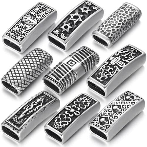 Stainless Steel Slider Beads Rectangle Patterned Slide Charms Fit 12*6mm Flat Leather DIY Mens Bracelet Jewelry Making Supplies