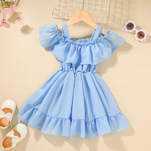 Kids Dress Girls Solid Color Boat Neck Fly Sleeve One Pcs Ruffled Skirt for Summer Red/Blue/Pink 9 Months-6 Years