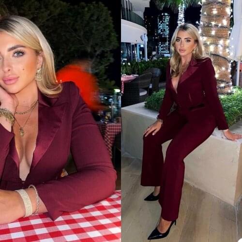 Elegant Fashion Women Suits Sexy V Neck Custom Made Pocket Blazer Flare Pants Streetwear Office Lady Club Coat 2 Pieces