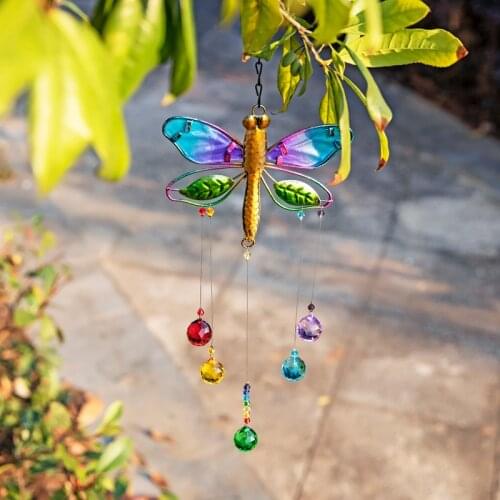 H&D Chakra Garden Suncatcher Metal Dragonfly Crystal Prisms Rainbow Maker Pendant Window Hanging Ornament for Patio Home Decor