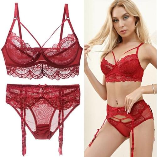 3PCS Bra Panties Garter Suit Womens Sexy Lingerie Lace Top Bra Set Panties Underwear Set Female Fashion Erotic Lingerie 75/95cup