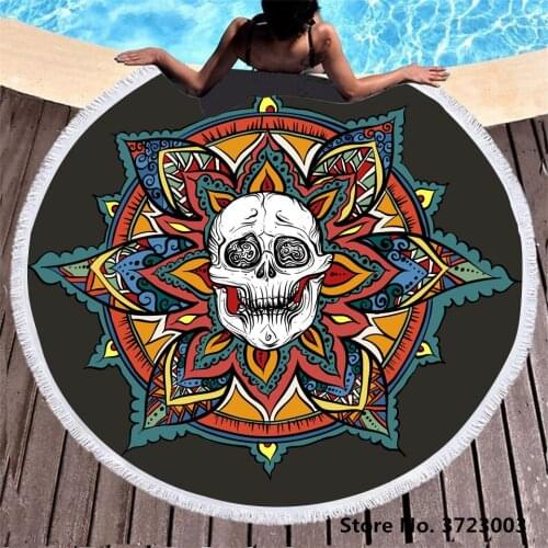 3D Clown Skull Round Microfiber Towel With Macrame Thick Fashion Beach Tablet Towel Yoga Matt Round Tassels BeachTowel 150cm