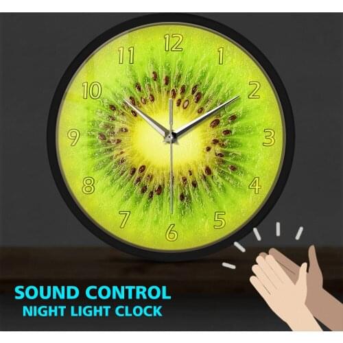 Summer Fruit Dissected Kiwi Metal Frame LED Wall Clock Sound Control Fresh Slice Actinidia Berry Fruit Store Wall Decor Watch