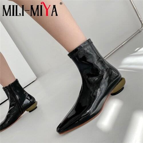 MILI-MIYA Fashion Women Patent Leather Ankle Boots Sexy Pointed Toe Strange Heels Zipper Solid Color Motorcycle Shoes Size 34-40