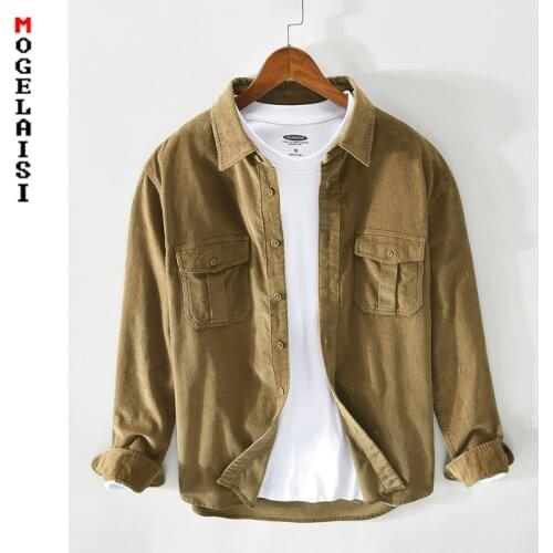Men shirt Corduroy cotton New spring long sleeve slim fit tops casual soft solid shirt Double pockets for man clothing Z172