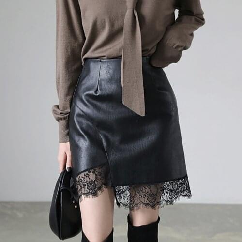 2020 autumn and winter lace new black a-line bag hip PU leather skirt high waist slim short skirt