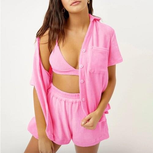 Solid Velvet Casual Two Piece Set Womens Tracksuit Cardigan Single Breasted Top Homewear Women 2021 Summer Woman Shorts Sets