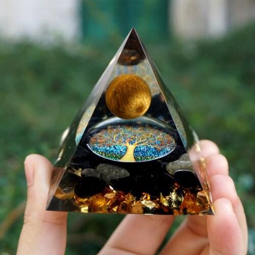 Handmade Orgonite Pyramid 60mm Tiger Eye Crystal Sphere & Obsidian Quartz HEALING Reiki Orgone Pyramid Chakra EMF Protection