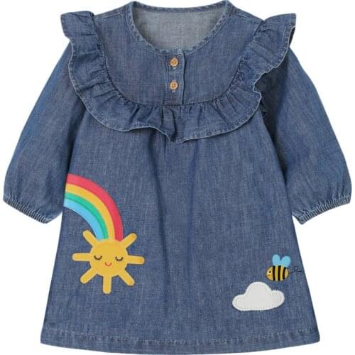 Frocks for Baby Girl Brand Autumn Clothes Sunny Rainbow Insect Applique Toddler Corduroy Denim Fall Dress for Kids 2-7 Years