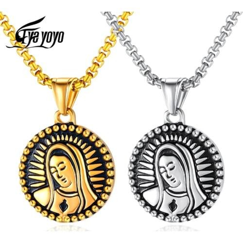 EyeYoYoVirgin Mary Pendant Catholic Round Necklaces Men Round Pendant Necklace Stainless Steel Hip Hop Jewelry For Men