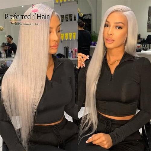 Preferred Pre Plucked Grey Straight Lace Front Wig Brazilian Remy Bob Wig Silver Short Wigs Human Hair For Women