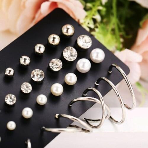 R58E 20 Pairs Danity Assorted Mini Round Metal Ball Crystals Pearl Hoop Stud Earrings Kit For Women Men Fashion Jewelry