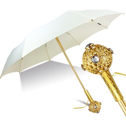 Gold Handle Luxury Umbrella Three-folding Anti-UV Sunshade Retro White Princess Umbrella Rain and Sun Umbrella U5M