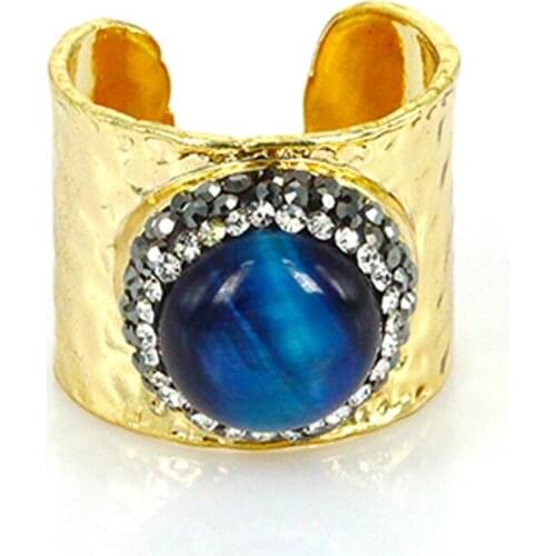 Paved black white rhinestone natural blue brown tiger eye stone beads charm wide wrapped gold hammered open ring cuff for women