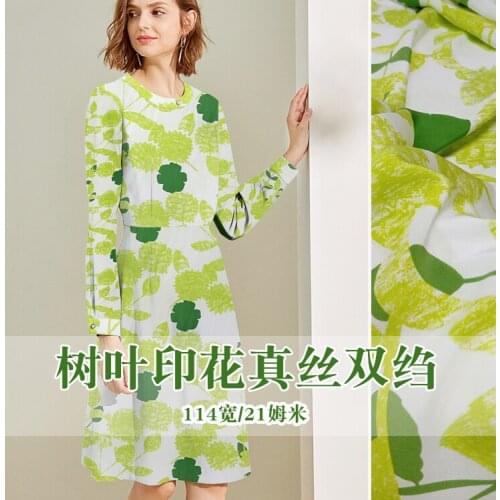 1 Meter Light Green, Clear White Flowers, 21 Mummi Leaf Printed Silk Crepe De Chine Fabric, Shirt Dress Fabric