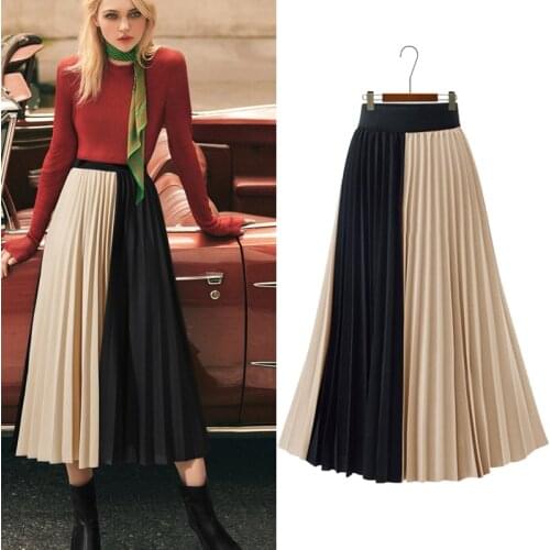 Spring Stitching Two Colors Women Pleated Skirt Midi Skirt High Waist Elascity Casual Party Skirt