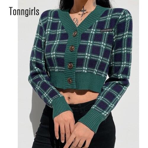 Tonngirls Vintage Cardigan Long Sleeve Sweater Women V Neck Plaid Cardigan Knit Y2k Wool Cardigan Green Crop Cardigan Autumn