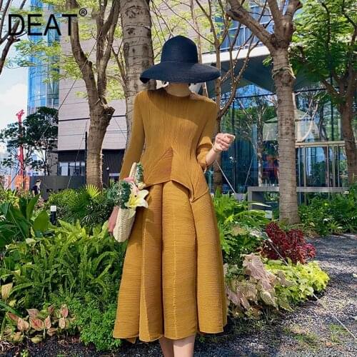 DEAT Pleated Suit Woman Seven Sleeve Round Collar T Shirts + Bud Elastic Elegant Skirt Vintage Style Solid 2021 New Autumn HT947