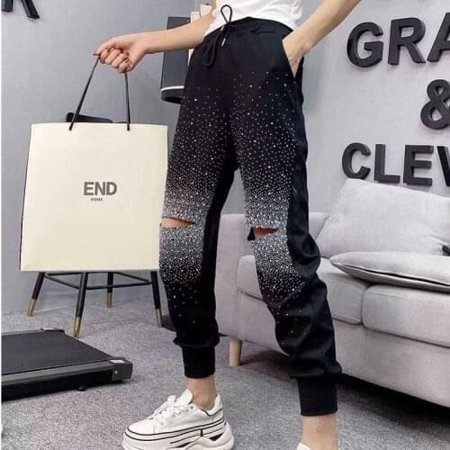 Ladies Knee Holes, Heavy Industry Diamond-studded Casual Pants, Summer Thin, Loose, Wild, Nine-point Guard Pants