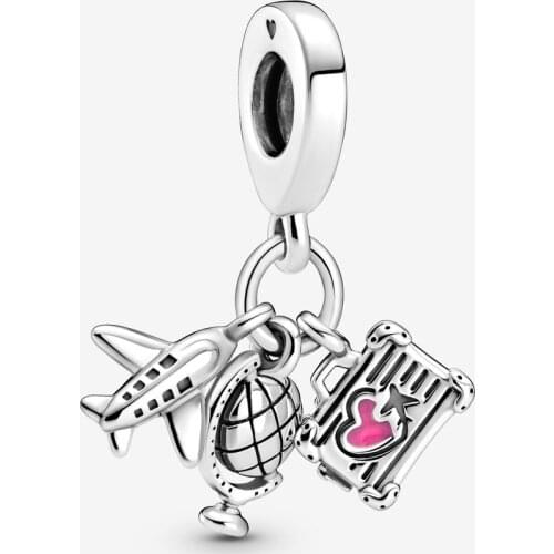 New Original 925 Sterling Silver Bead Airplane Globe & Suitcase Dangle Charm Fit Pandora Bracelet Necklace DIY Women Jewelry