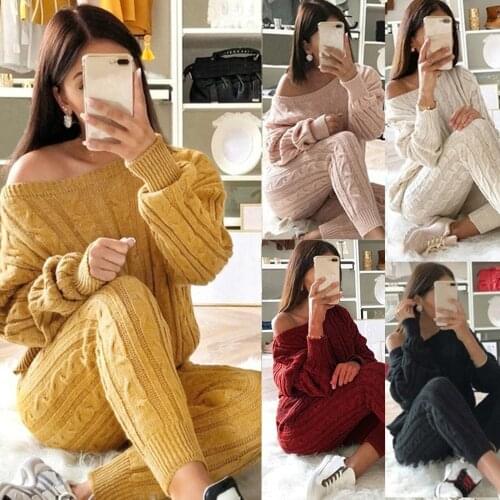 Women 2 Piece Set Christmas Sweater Autumn Winter Knitted Set Outfit Ladies O Neck Pullover Solid Color Tops+Pants Set Outfits