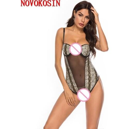 Plus Size Sexy Lingerie Snake Faux Leather Tulle Net Front Crotch Underwear Party Costume Erotic Dancewear Triangle Bodysuit