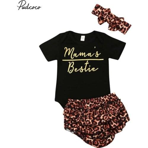 2020 Baby Summer Clothing Newborn Infant Baby Girls Letter Bodysuit Ruffles Leopard Ruffled Pants Shorts Headband 3Pcs Outfits