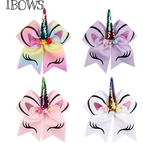 7'' Large Sequin horse horn Cheer Bows Glitter Print Floral Hair Bow With Elastic Clips Band For Girls Boutique Hair Accessories