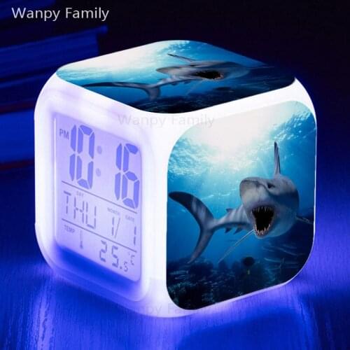Jaws Shark Alarm Clock 7 Color LED Big Screen Glowing Digital Alarm Clock Kids Birthday Gift Multifunction Touch Sensing Clock