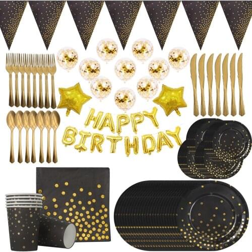 Black Gold Dot Birthday Wedding Party Supplies Decoration Banner Balloons Happy Birthday Napkins Cap Disposable Paper Plates Cup