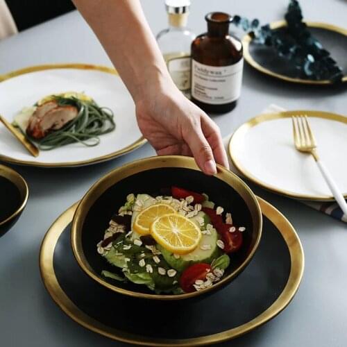 European Gold Side Ceramic Plate Western Food Steaks and Dish Rice Salad Bowl Dessert Plate Tableware Dinnerware Tray Kitchen