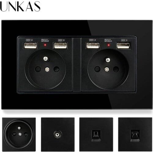 UNKAS EU French Socket With Dual USB Port + TV RJ11 Telephone RJ45 Internet Computer Jack 146mm * 86mm Black Glass Panel Outlet